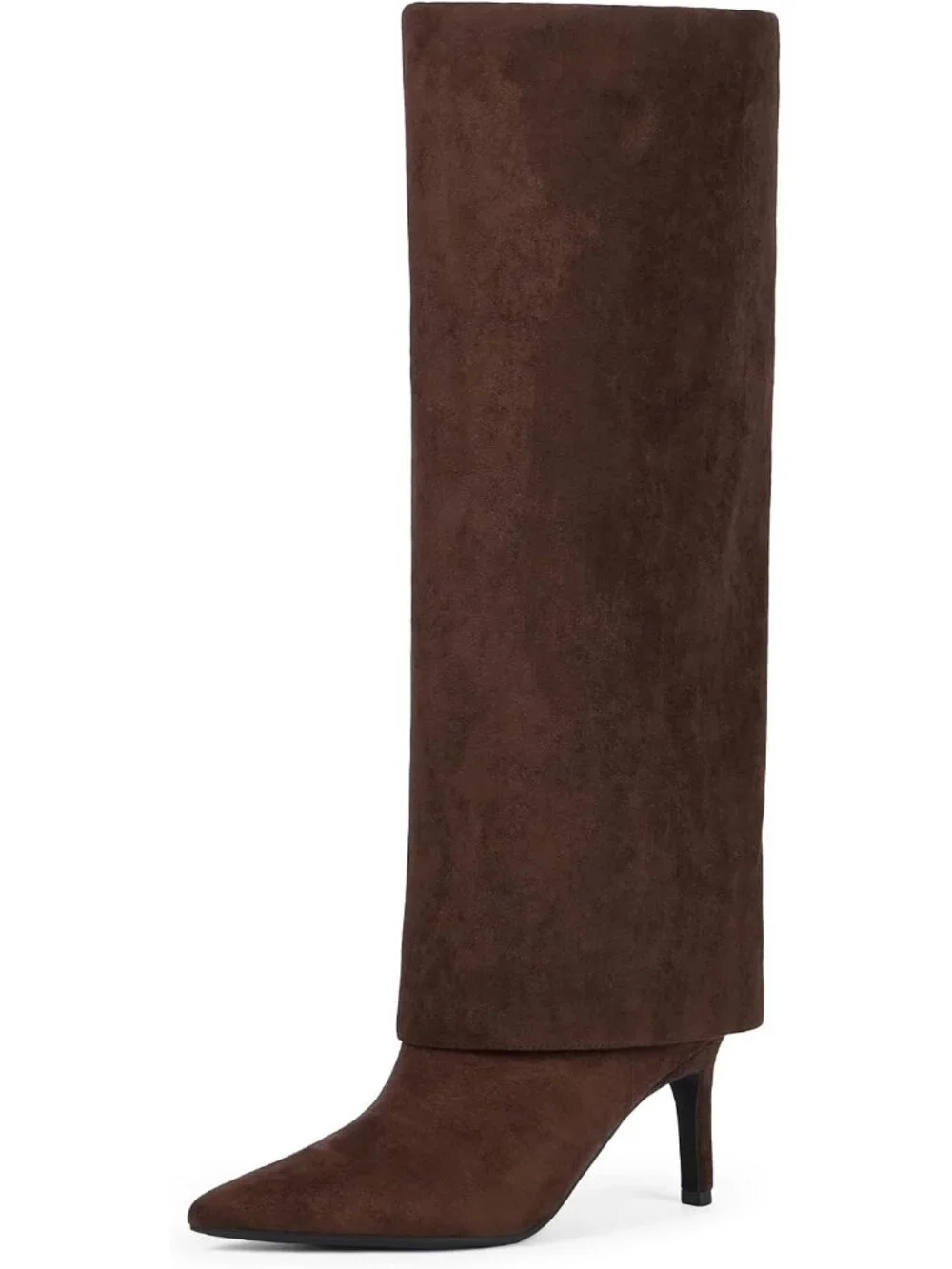 Women's Chocolate Suede Stiletto Heel Pointed Toe Chic Fold Over Knee High Boots